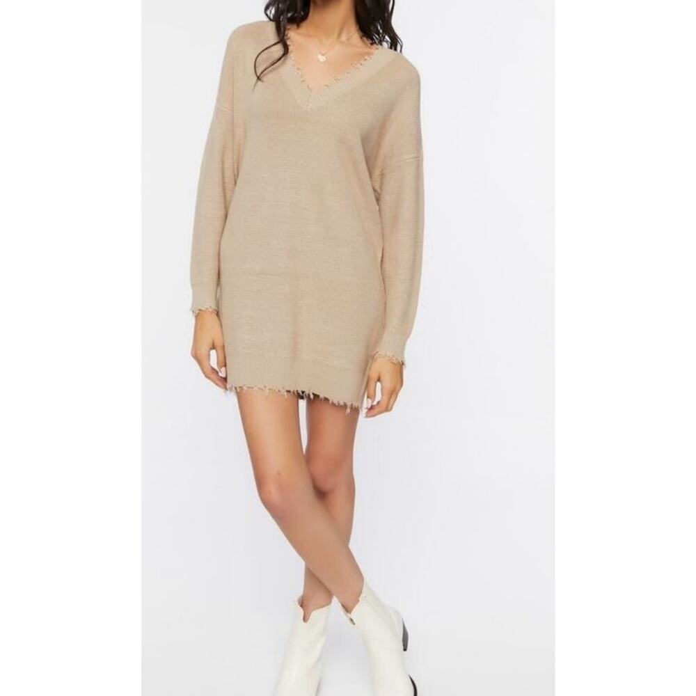 Forever 21‎ Tan Sweater Dress Brown Frayed Raw Edge Long Sleeve Fall Grunge NWT